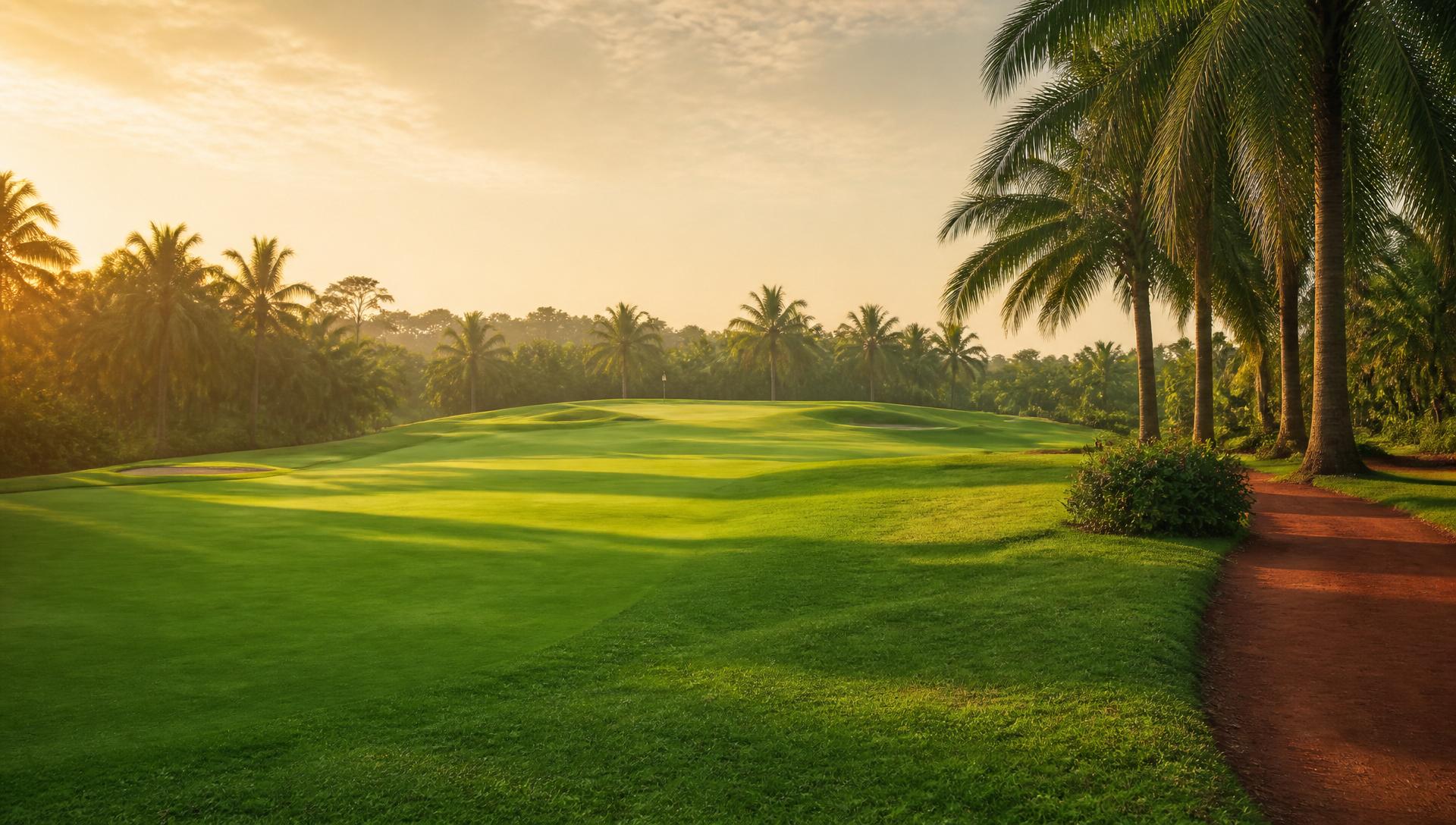 The fairway at Arsenal Golf & Country Club at sunrise, framed by oil palms and a red laterite path