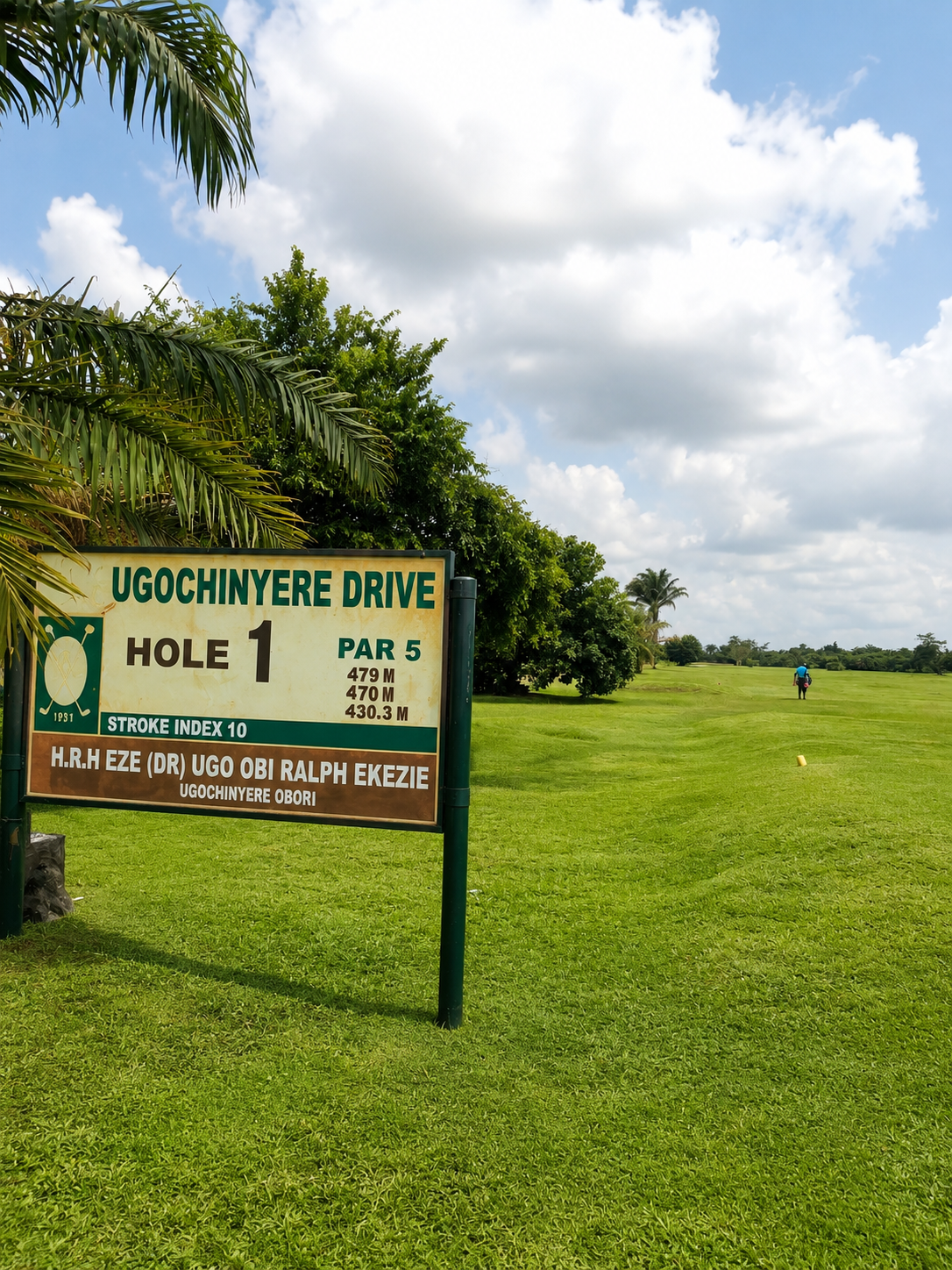 Hole 1 tee sign, Ugochinyere Drive — par 5, stroke index 10 — beside the fairway at Arsenal Golf & Country Club, Obinze